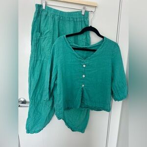 Meo Melo Linen Set Two Pocket Barrel Pants & Top M 100% Linen Made in Italy